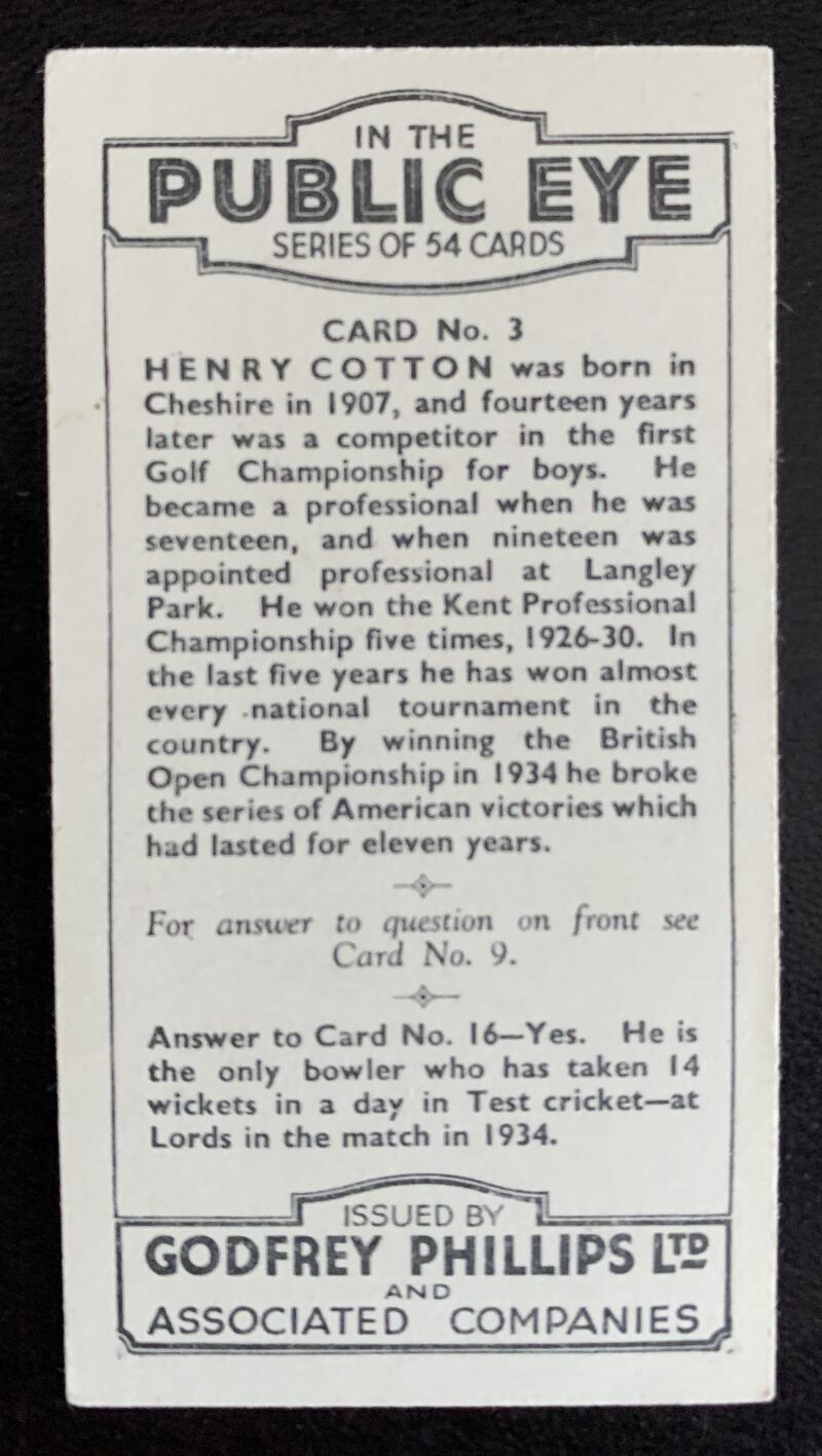 1935 Godfrey Phillips Cigarettes #3 Henry Cotton Vintage Golf Card V33278