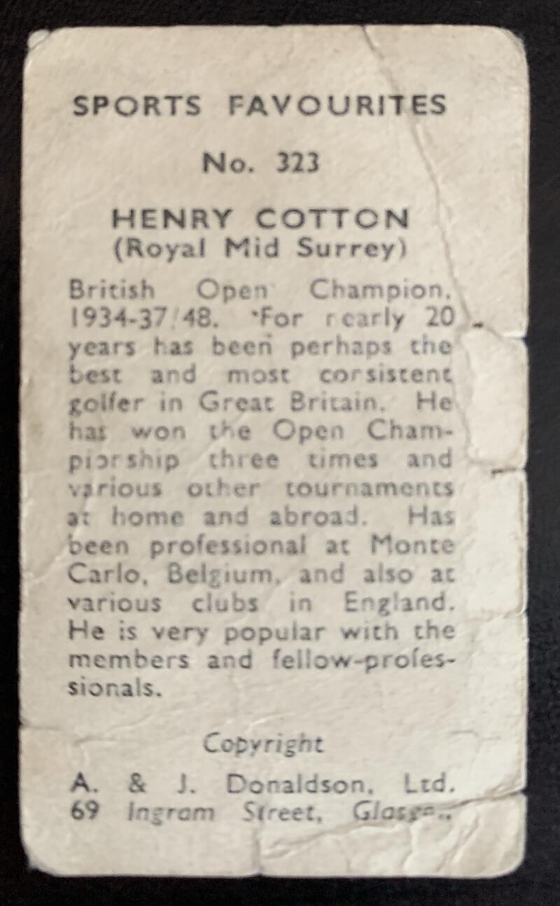 1953 A&J Donaldson Tobacco #323 Henry Cotton Vintage Golf Card V33284