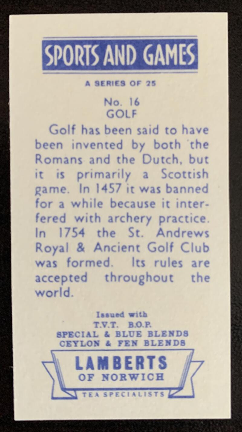 1964 Lamberts of Norwich Tea #16 "Golf" Vintage Golf Card V33289