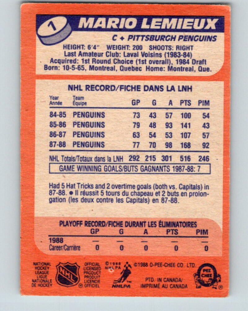 1988-89 O-Pee-Chee #1 Mario Lemieux Pittsburgh Penguins V33313