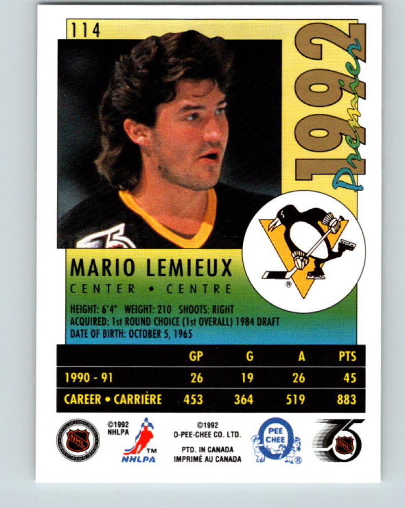 1991-92 OPC Premier #114 Mario Lemieux MINT Penguins V33330