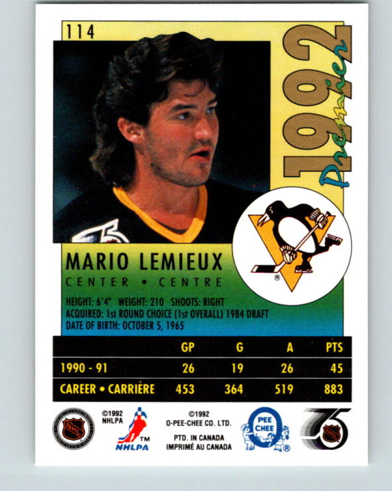 1991-92 OPC Premier #114 Mario Lemieux MINT Penguins V33331