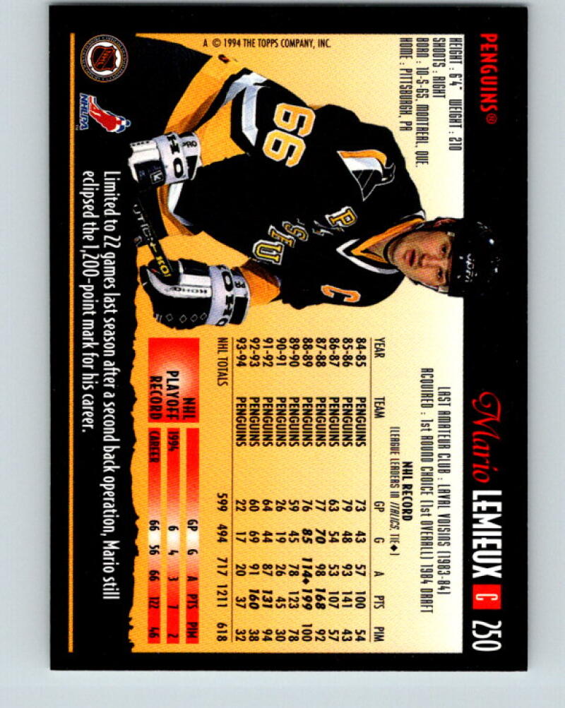 1994-95 Topps Premier #250 Mario Lemieux MINT Pittsburgh Penguins V33332