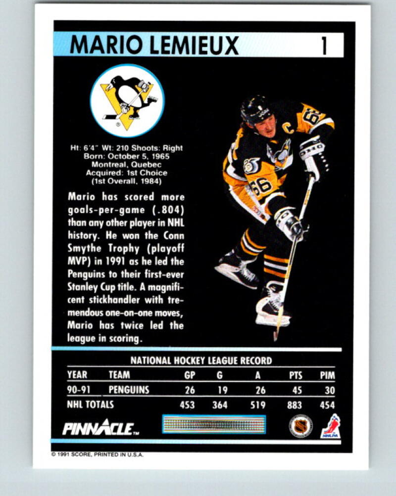 1991-92 Pinnacle #1 Mario Lemieux Pittsburgh Penguins V33350