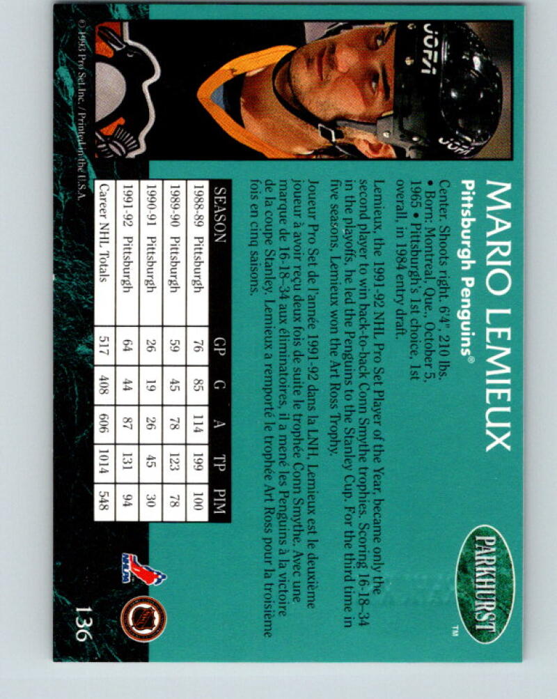 1992-93 Parkhurst Emerald Ice #136 Mario Lemieux MINT Penguins V33364