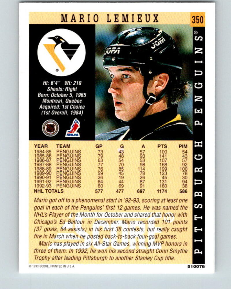 1993-94 Score Starting Lineup #350 Mario Lemieux MINT Penguins V33370