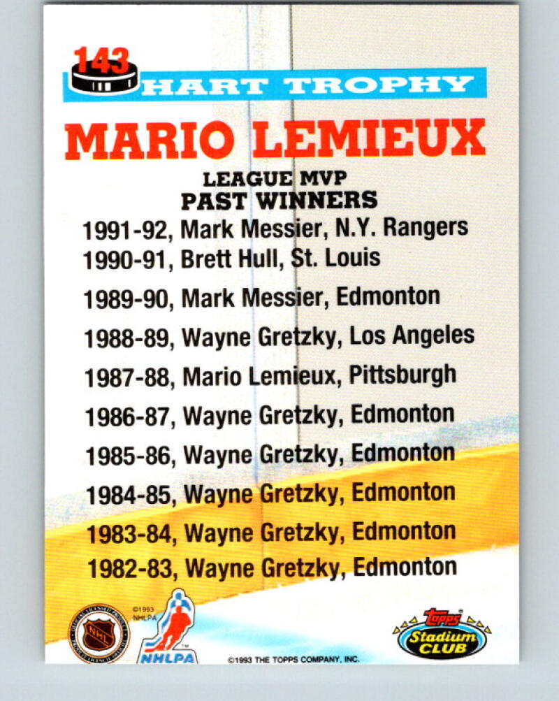 1993-94 Stadium Club #143 Mario Lemieux Hart Trophy V33379