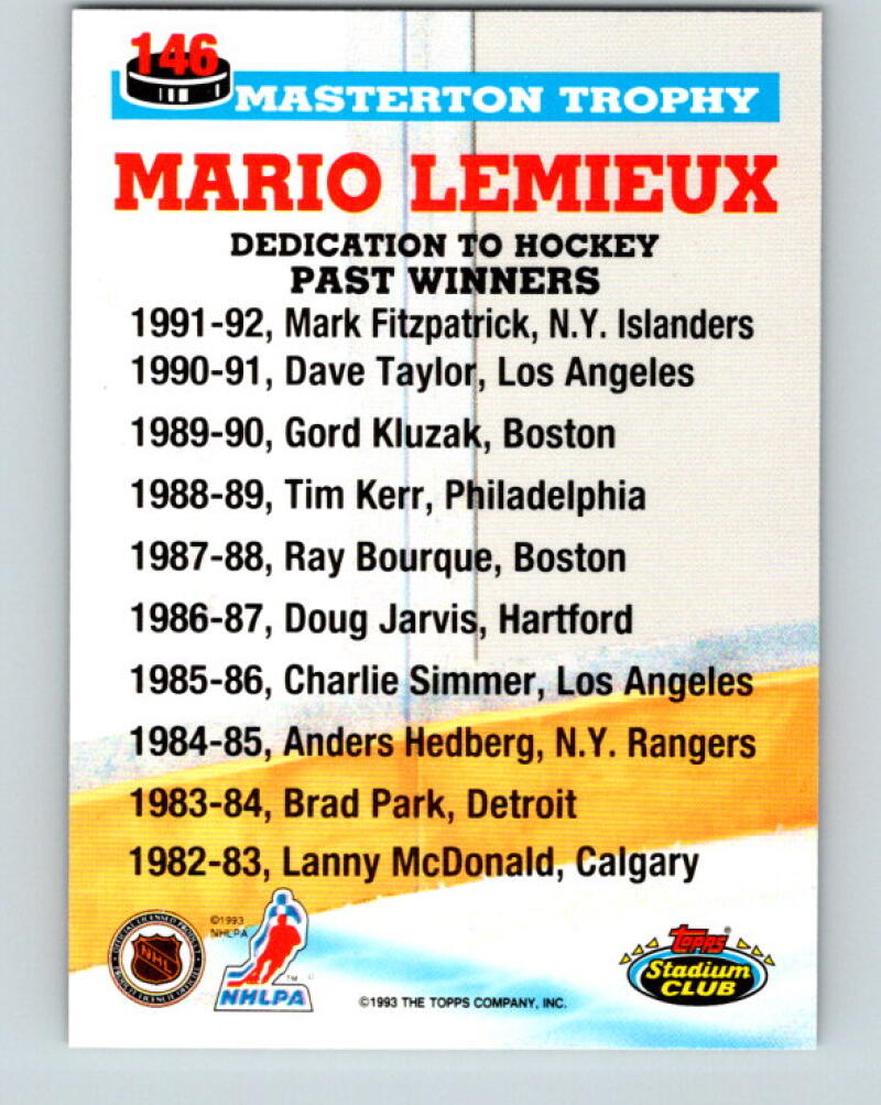 1993-94 Stadium Club #146 Mario Lemieux Masterton Trophy V33381