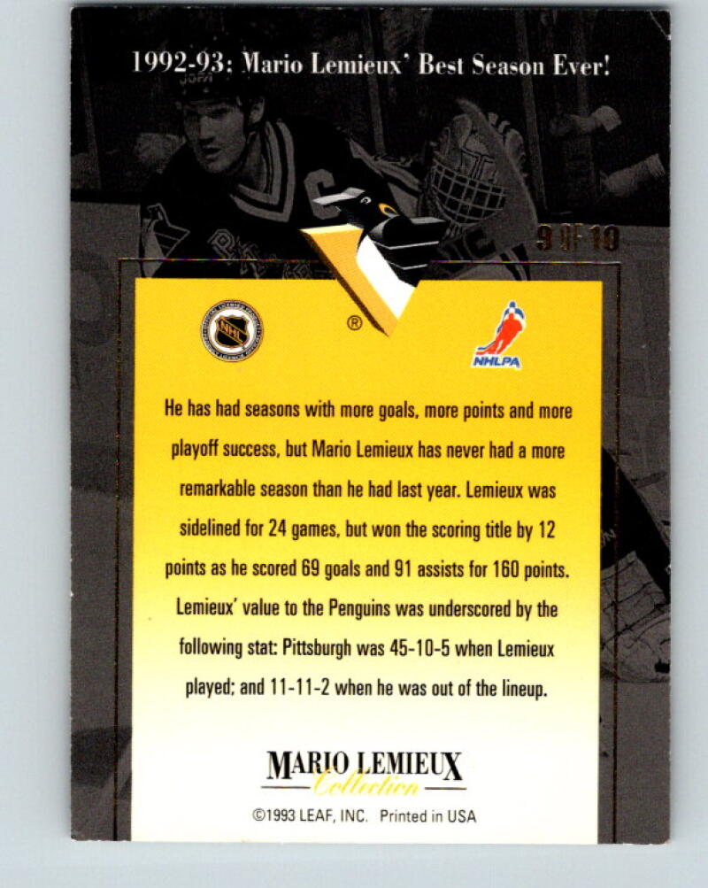 1993-94 Leaf Mario Lemieux #9 Mario Lemieux Pittsburgh Penguins V33403