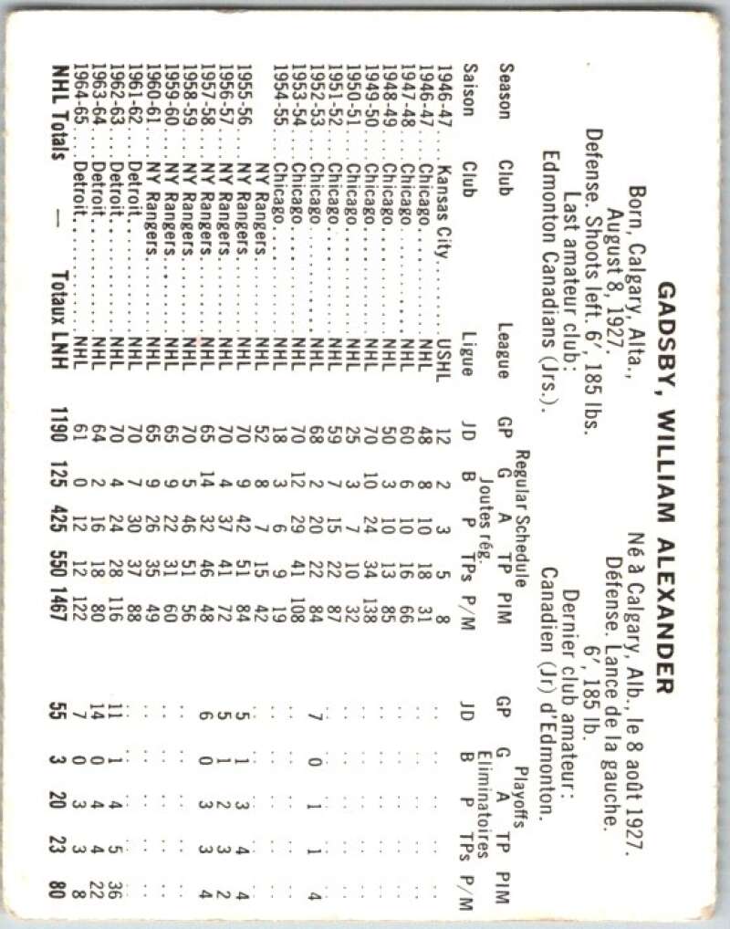 1965-66 Coca-Cola #40 Bill Gadsby Detroit Red Wings X0064