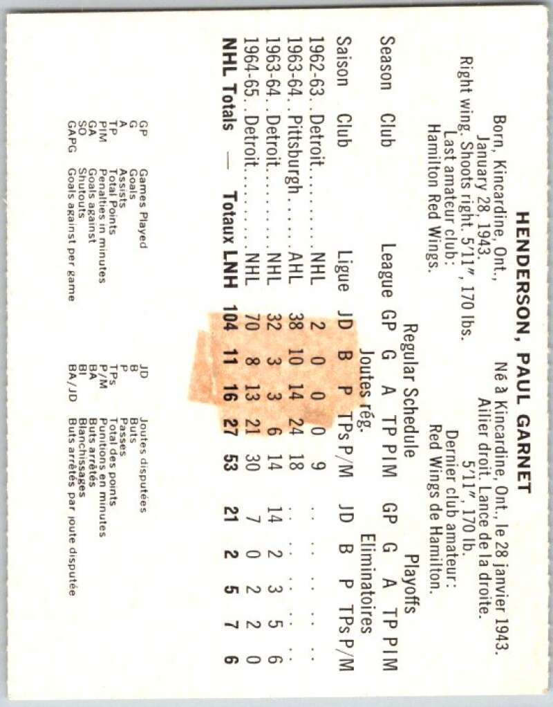 1965-66 Coca-Cola #50 Paul Henderson Detroit Red Wings X0085