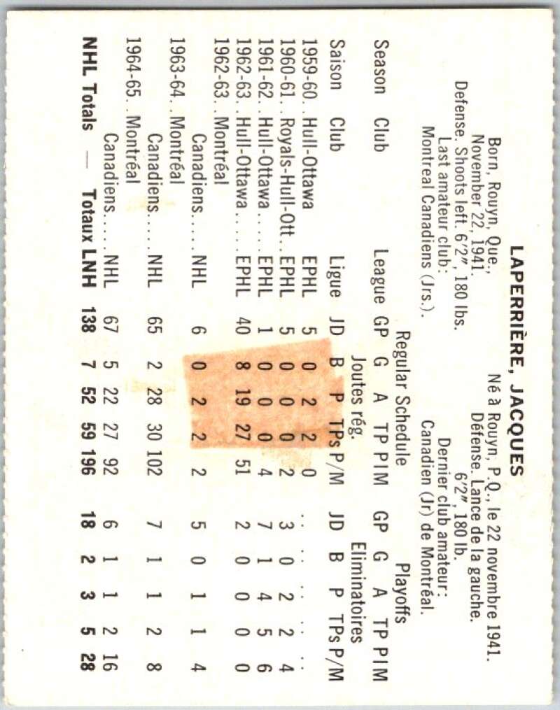 1965-66 Coca-Cola #56 Jacques Laperriere Montreal Canadiens X0094