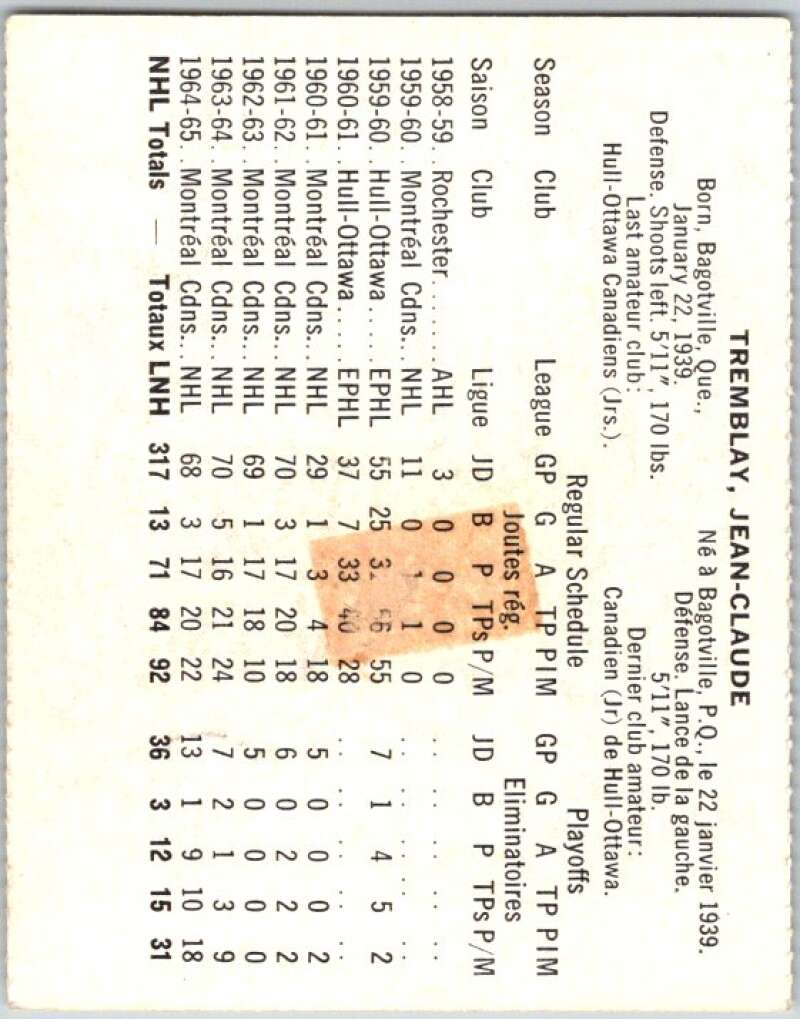 1965-66 Coca-Cola #57 J.C. Tremblay Montreal Canadiens X0096