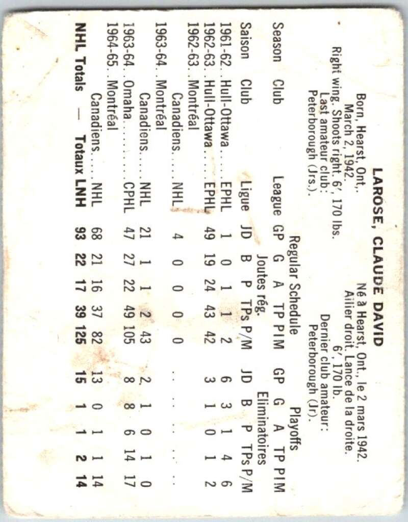 1965-66 Coca-Cola #62 Claude Larose Montreal Canadiens X0105