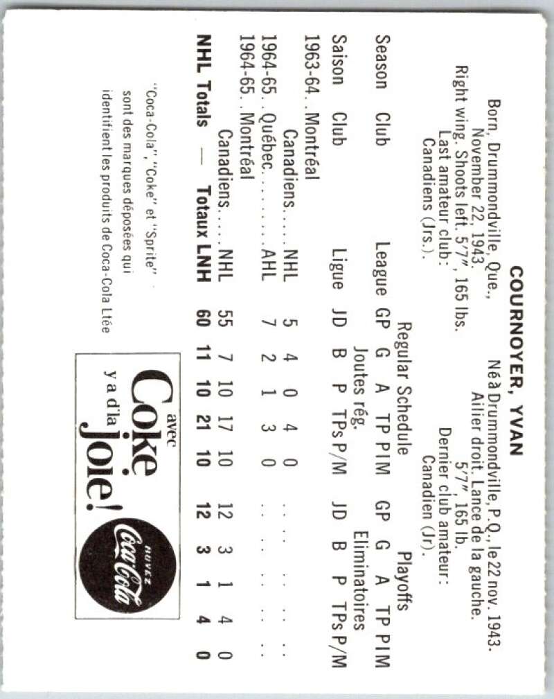 1965-66 Coca-Cola #63 Yvan Cournoyer Montreal Canadiens X0107