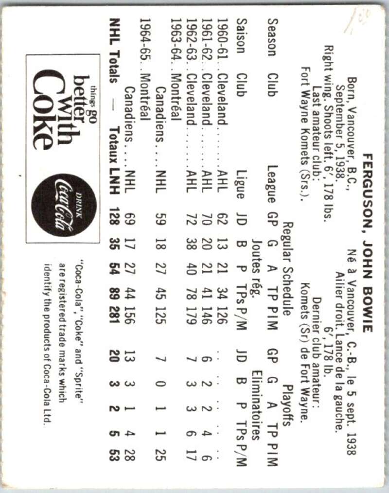 1965-66 Coca-Cola #70 John Ferguson Montreal Canadiens X0116