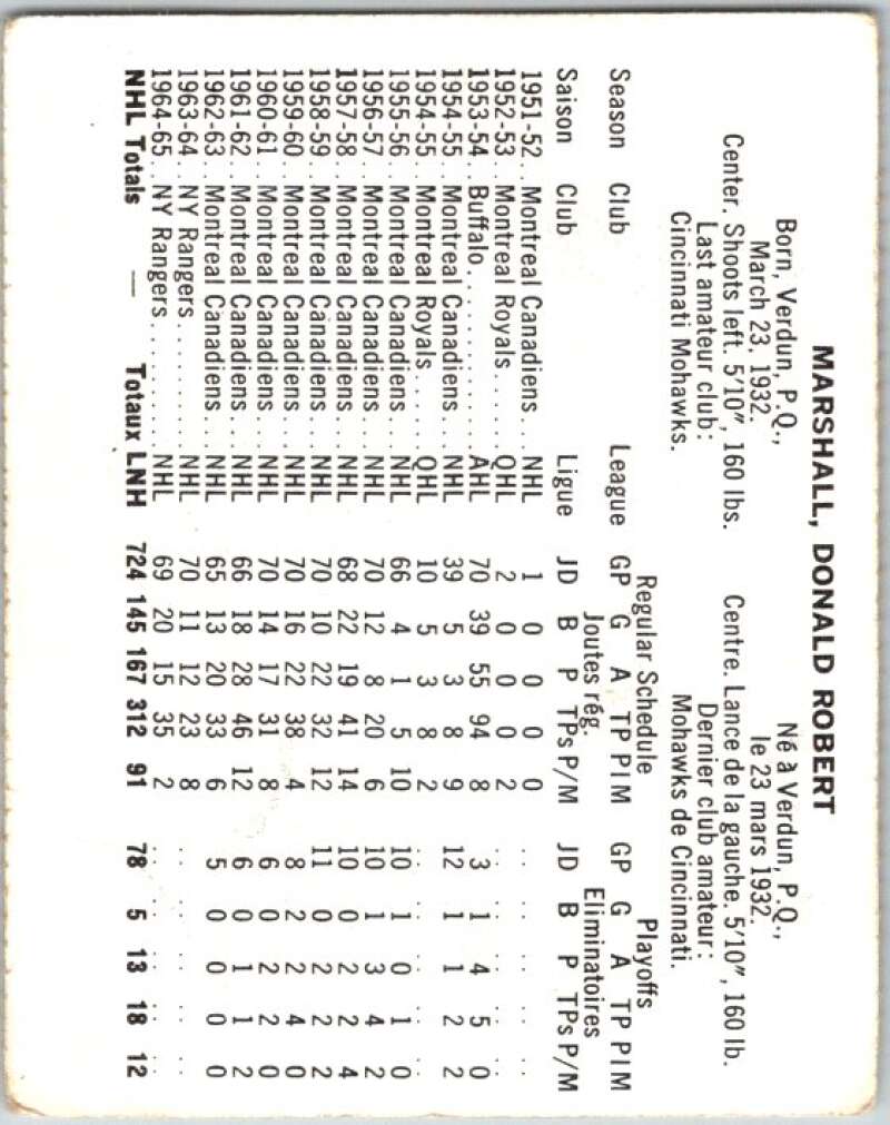 1965-66 Coca-Cola #89 Don Marshall New York Rangers X0150