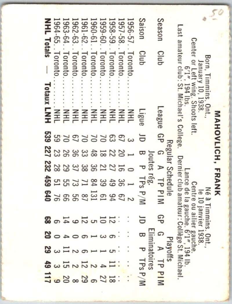 1965-66 Coca-Cola #107 Frank Mahovlich Toronto Maple Leafs X0187
