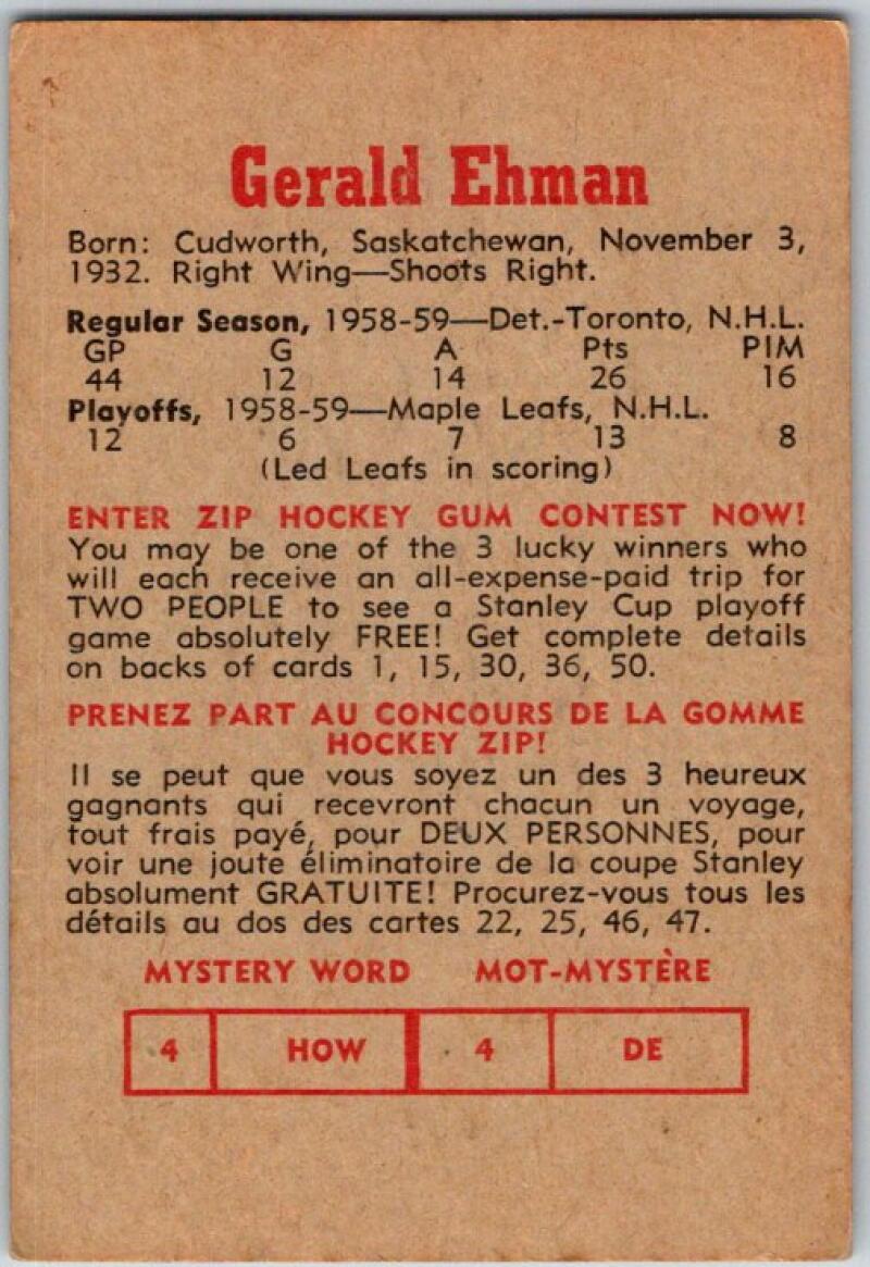1959-60 Parkhurst #19 Gerry Ehman RC Rookie Toronto Maple Leafs V35521