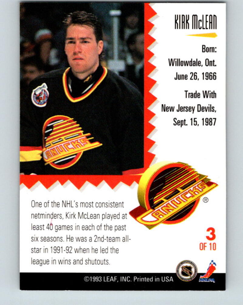 1993-94 Leaf Painted Warriors #3 Kirk McLean Vancouver Canucks V35134