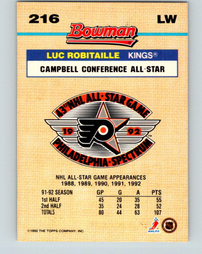 1992-93 Bowman #216 Luc Robitaille FOIL Los Angeles Kings V35171