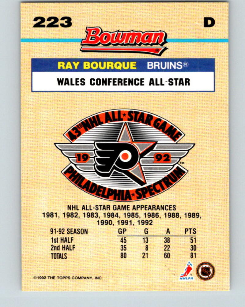 1992-93 Bowman #223 Ray Bourque FOIL Boston Bruins V35172