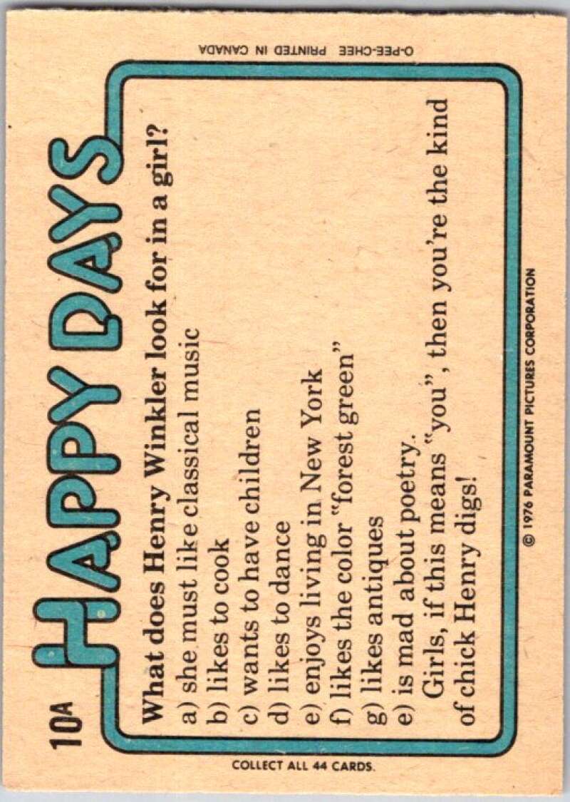1978 O-Pee-Chee Happy Days #10 I'll lie down and wait to grow up V35715