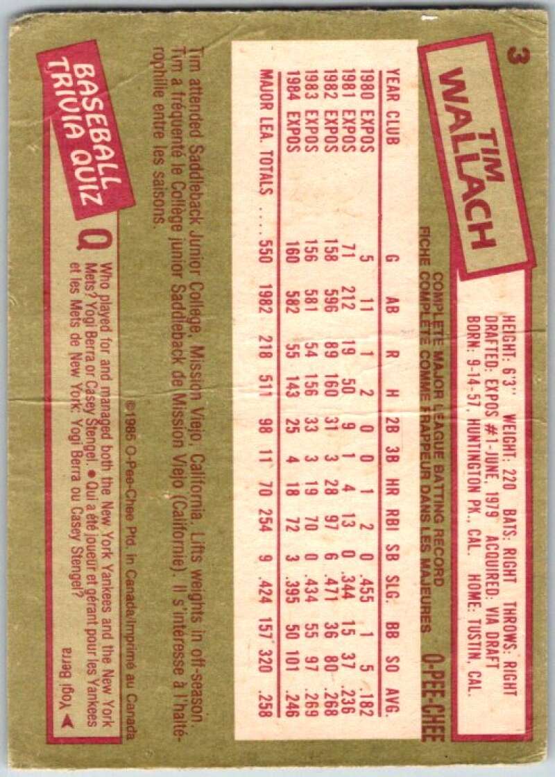 1985 O-Pee-Chee #3 Tim Wallach Montreal Expos V35985