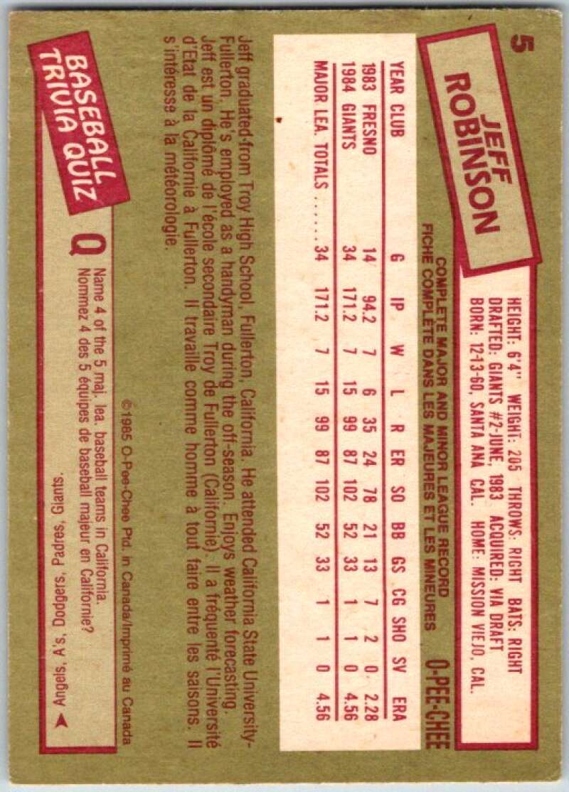 1985 O-Pee-Chee #5 Jeff Robinson  San Francisco Giants  V35986