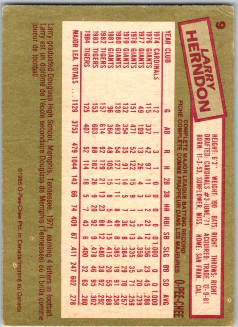 1985 O-Pee-Chee #9 Larry Herndon Detroit Tigers V35987
