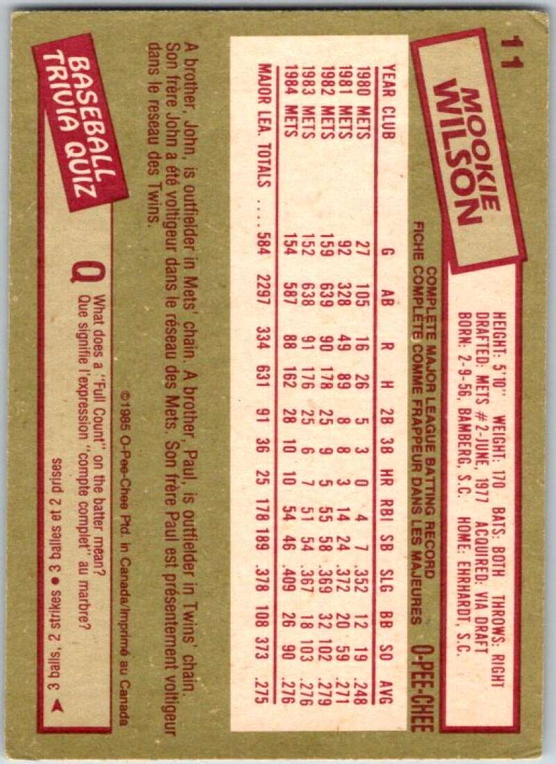 1985 O-Pee-Chee #11 Mookie Wilson  New York Mets  V35989