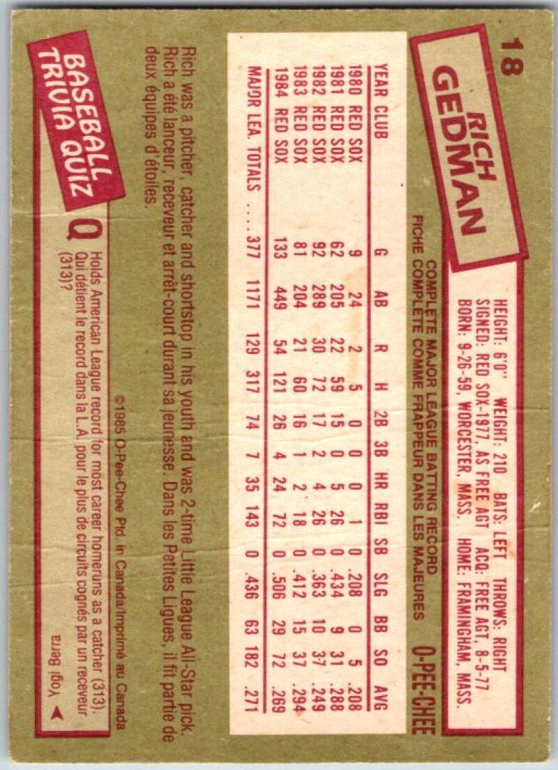 1985 O-Pee-Chee #18 Rich Gedman Boston Red Sox V35990