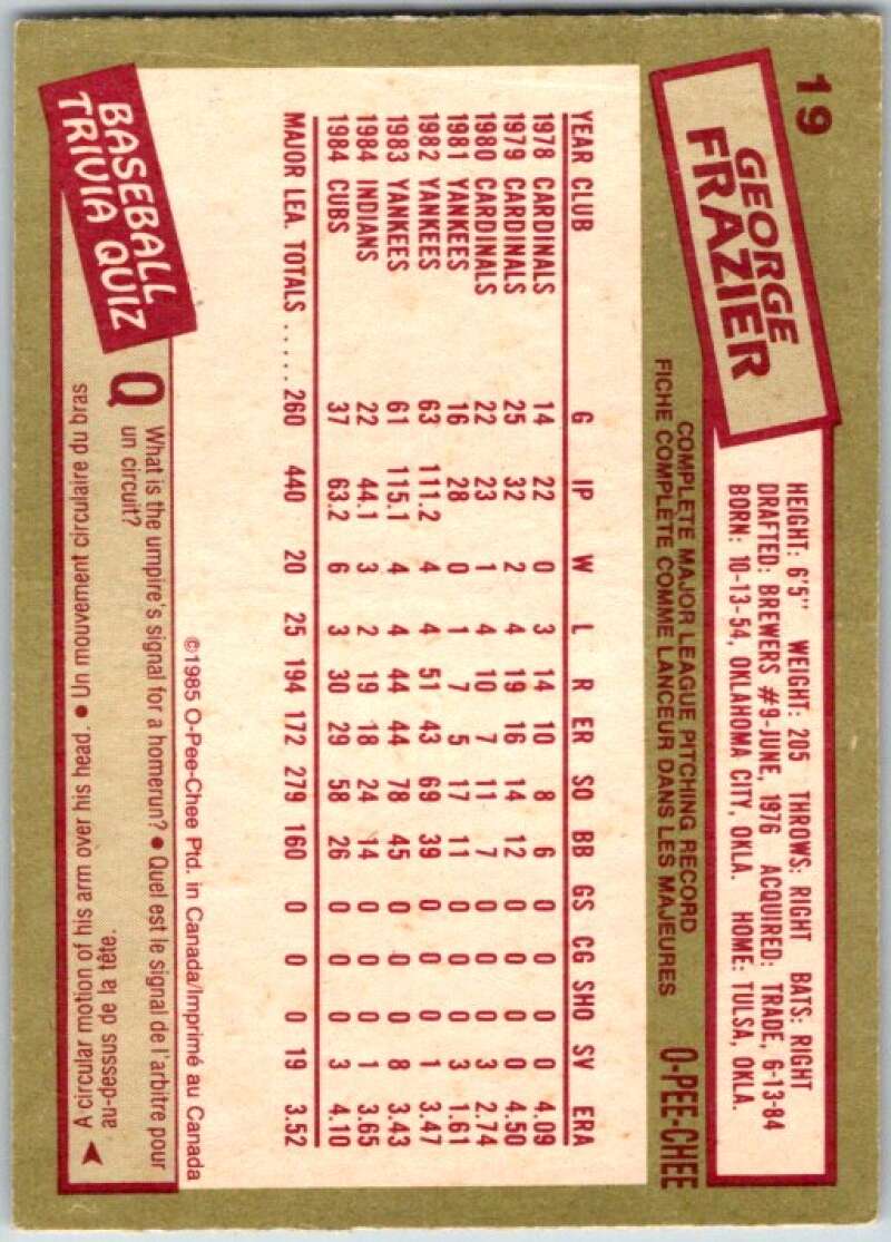 1985 O-Pee-Chee #19 George Frazier Chicago Cubs V35991