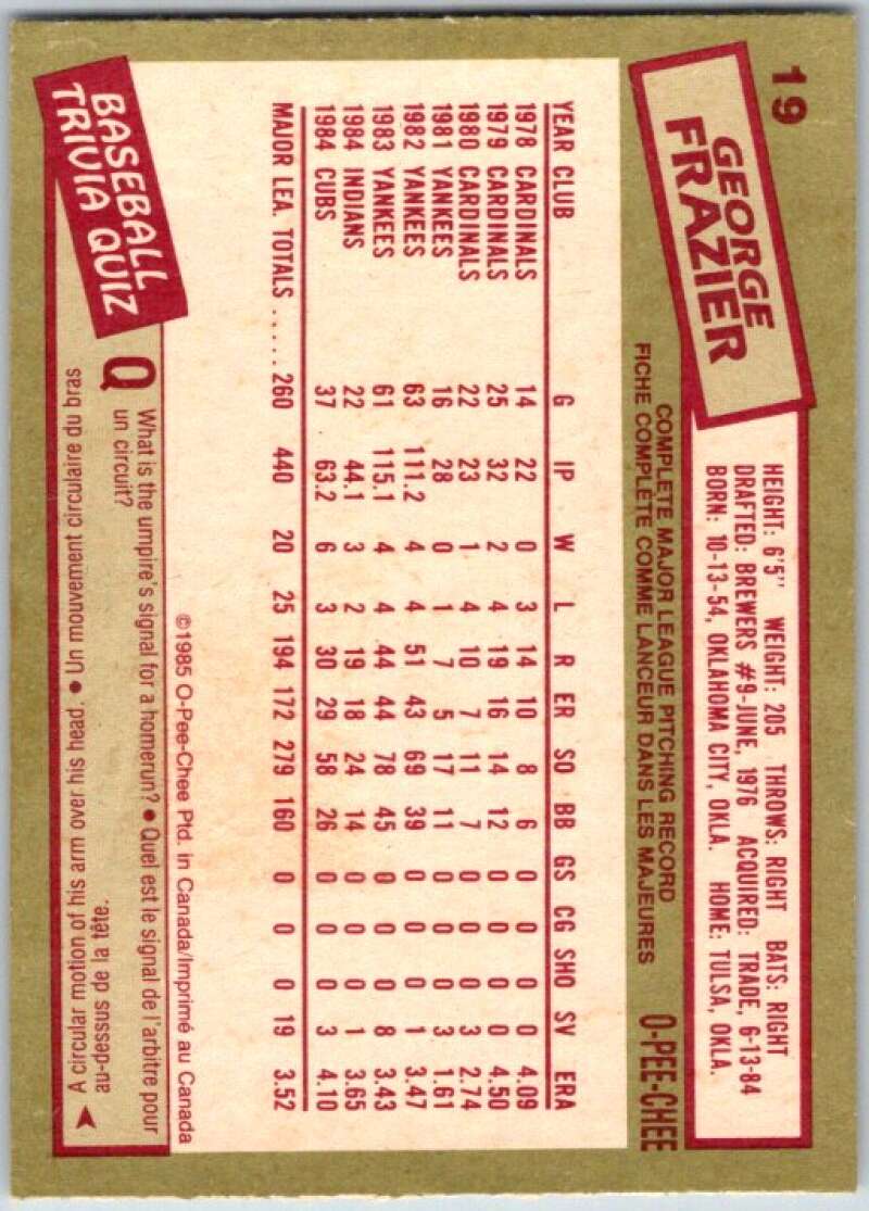 1985 O-Pee-Chee #19 George Frazier Chicago Cubs V35992