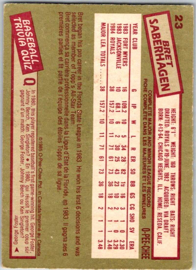 1985 O-Pee-Chee #23 Bret Saberhagen Kansas City Royals V35994