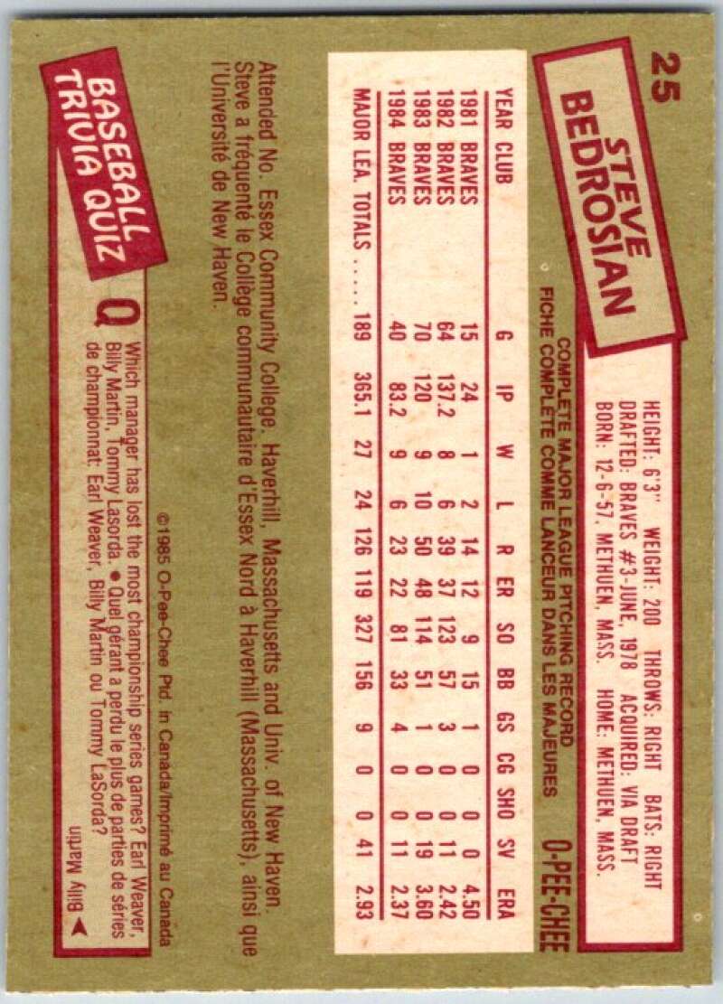 1985 O-Pee-Chee #25 Steve Bedrosian  Atlanta Braves  V35995