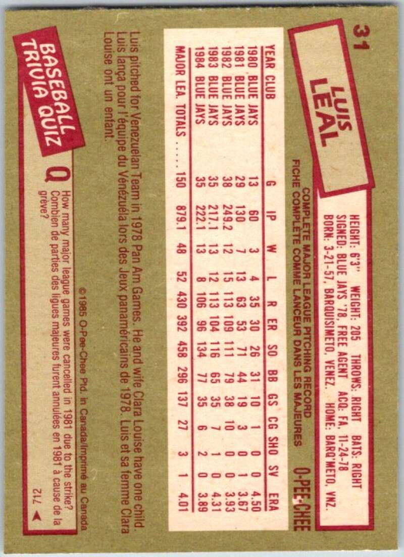 1985 O-Pee-Chee #31 Luis Leal Toronto Blue Jays V35996