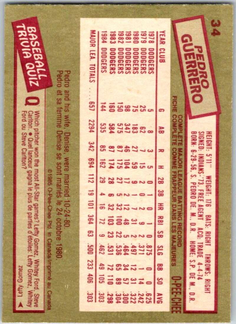 1985 O-Pee-Chee #34 Pedro Guerrero Los Angeles Dodgers V35997