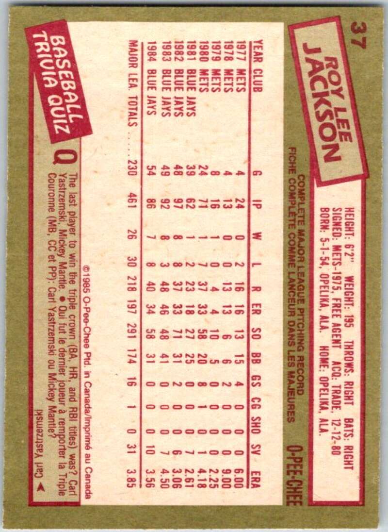 1985 O-Pee-Chee #37 Roy Lee Jackson Toronto Blue Jays V35998