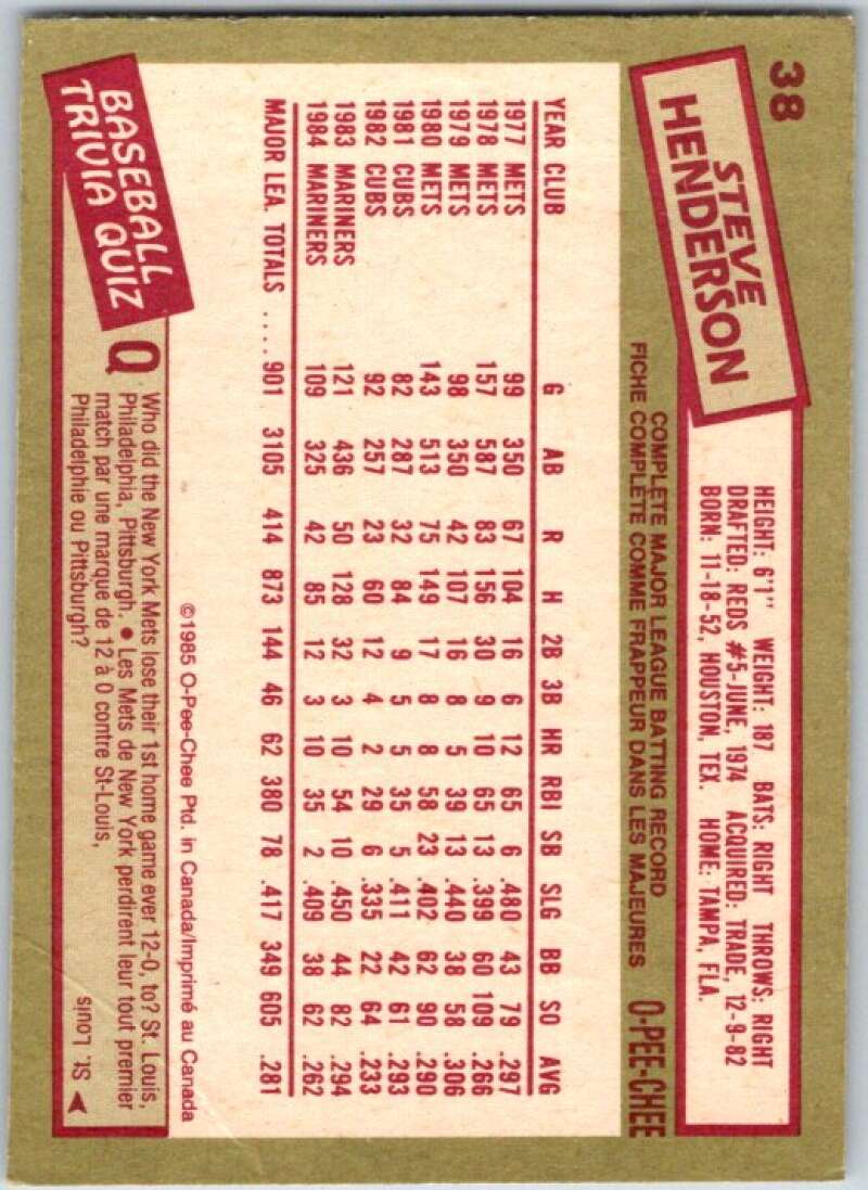 1985 O-Pee-Chee #38 Steve Henderson Seattle Mariners V35999