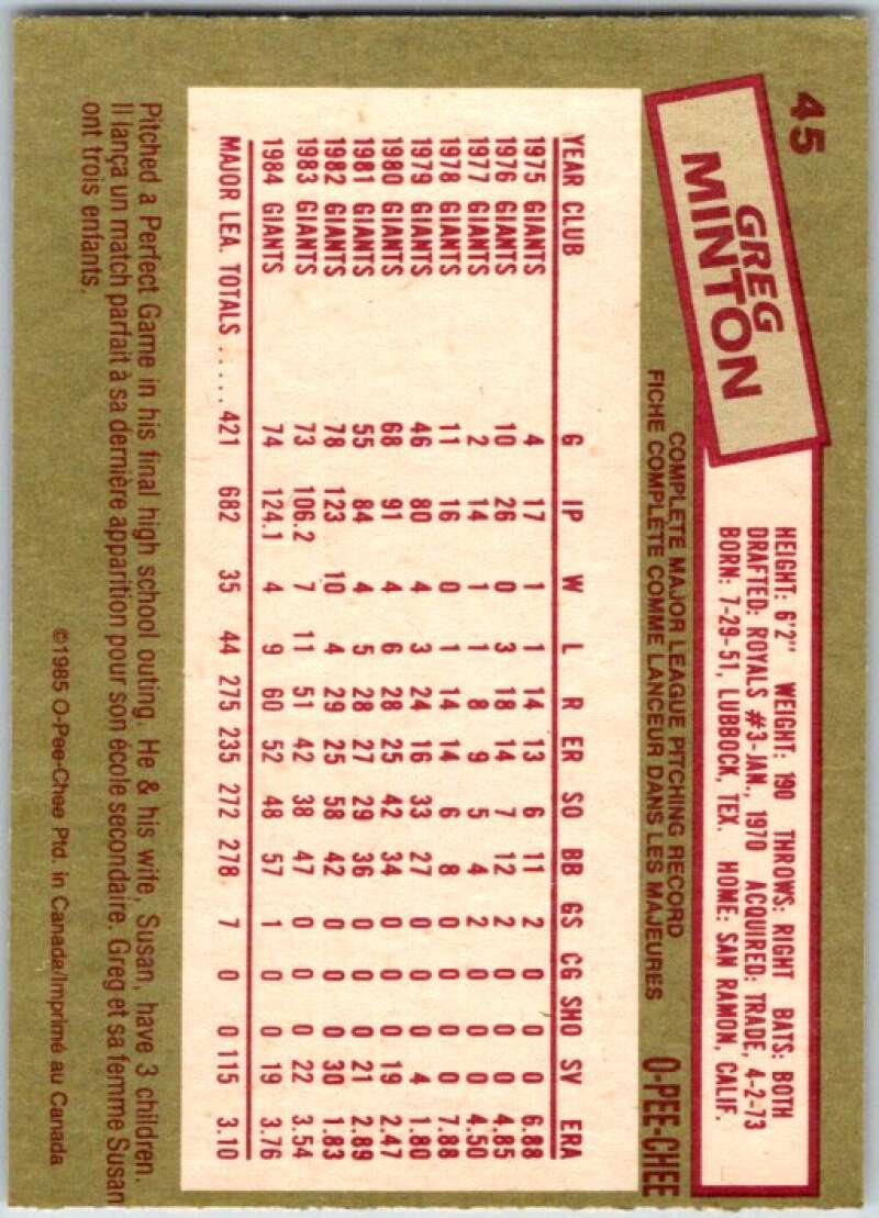 1985 O-Pee-Chee #45 Greg Minton San Francisco Giants V36003