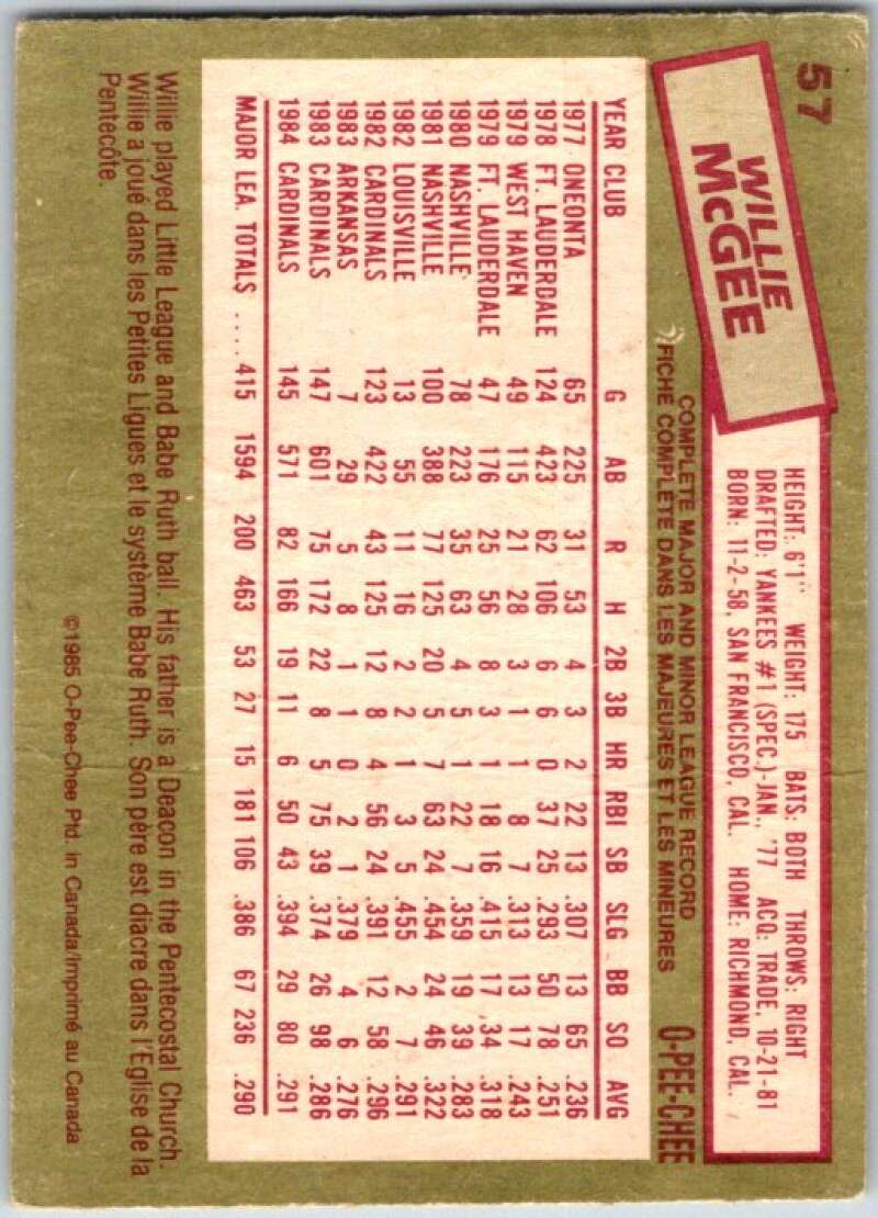 1985 O-Pee-Chee #57 Willie McGee  St. Louis Cardinals  V36006