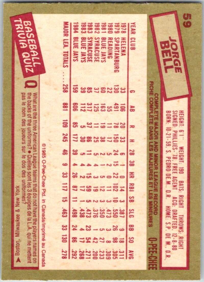 1985 O-Pee-Chee #59 George Bell Toronto Blue Jays V36007