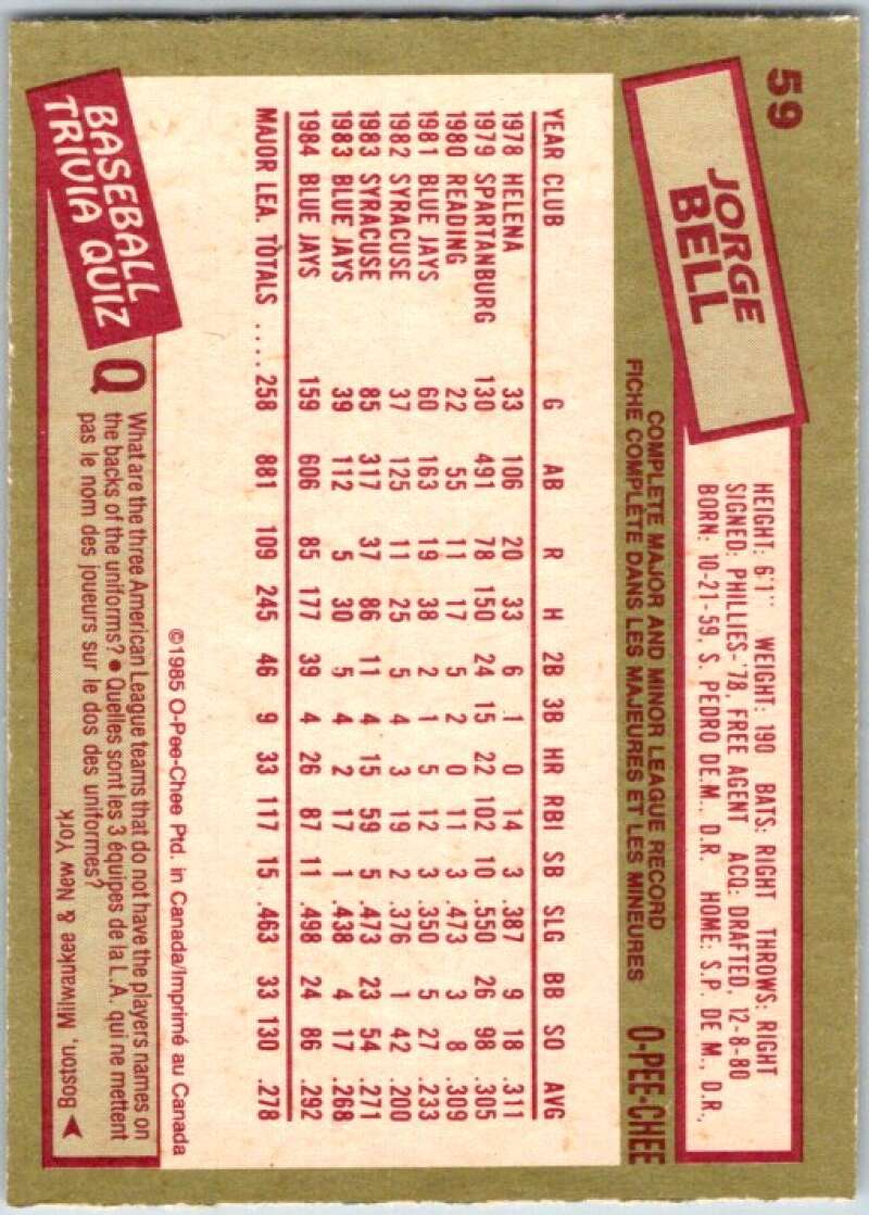 1985 O-Pee-Chee #59 George Bell Toronto Blue Jays V36008