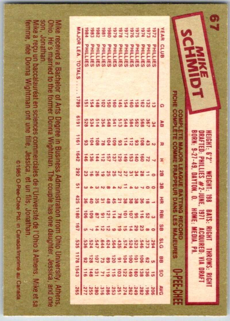 1985 O-Pee-Chee #67 Mike Schmidt Philadelphia Phillies V36011