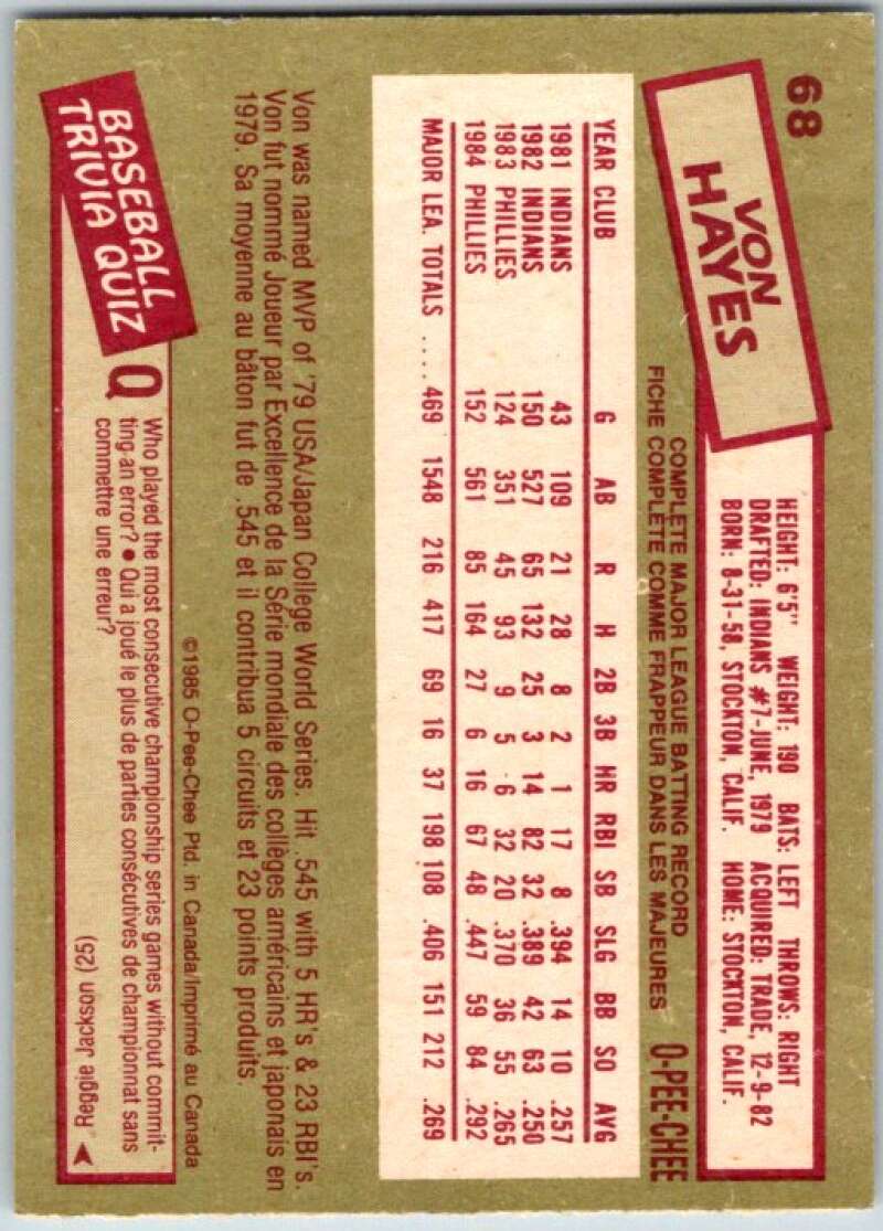 1985 O-Pee-Chee #68 Von Hayes Philadelphia Phillies V36012