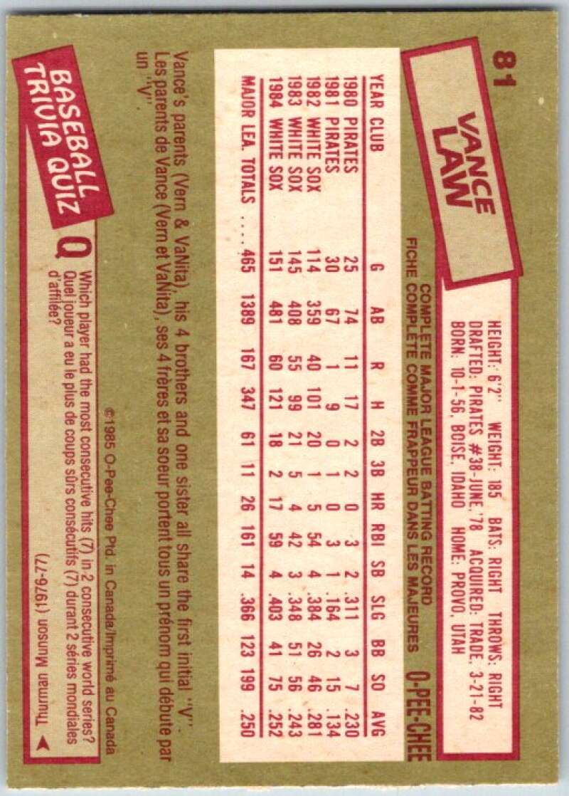 1985 O-Pee-Chee #81 Vance Law Montreal Expos V36014