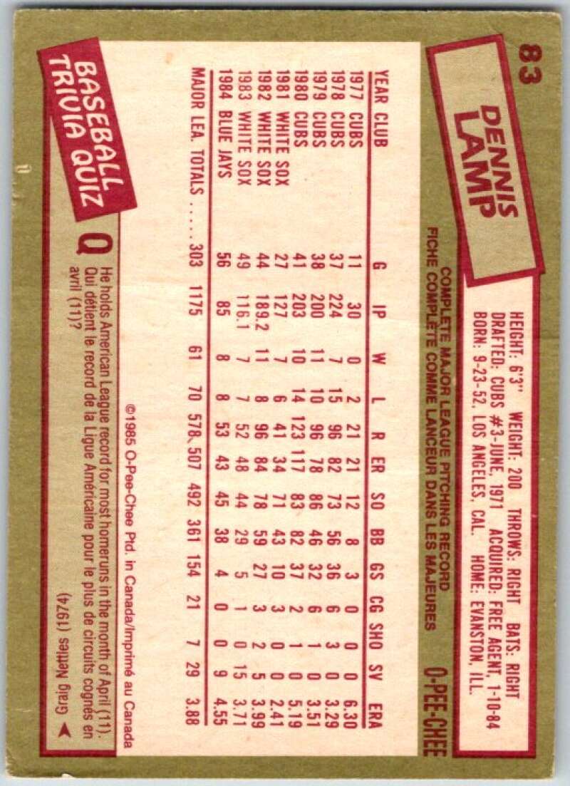 1985 O-Pee-Chee #83 Dennis Lamp Toronto Blue Jays V36015