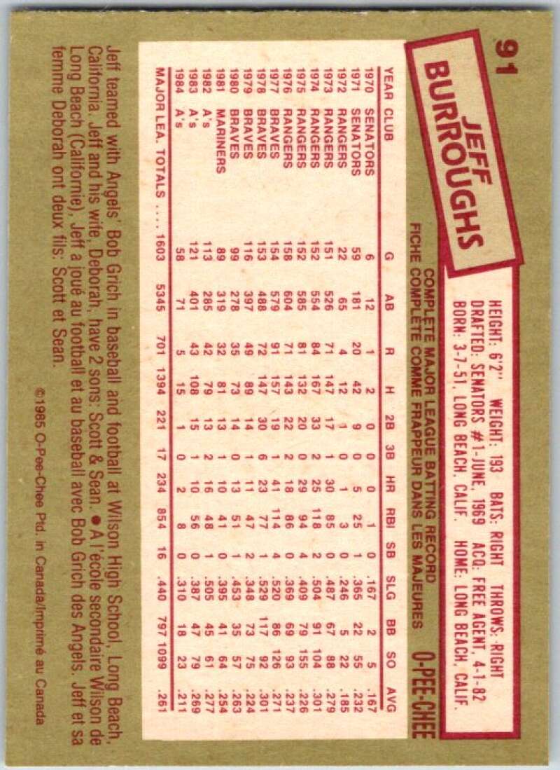 1985 O-Pee-Chee #91 Jeff Burroughs Toronto Blue Jays V36018