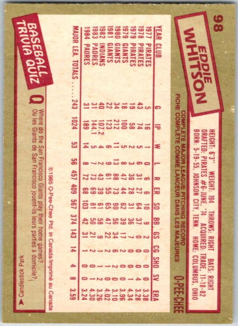 1985 O-Pee-Chee #98 Ed Whitson New York Yankees V36021